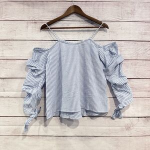 River Island Blue Striped Top Size Small Cold Shoulder Tie Sleeve Shirt Blouse